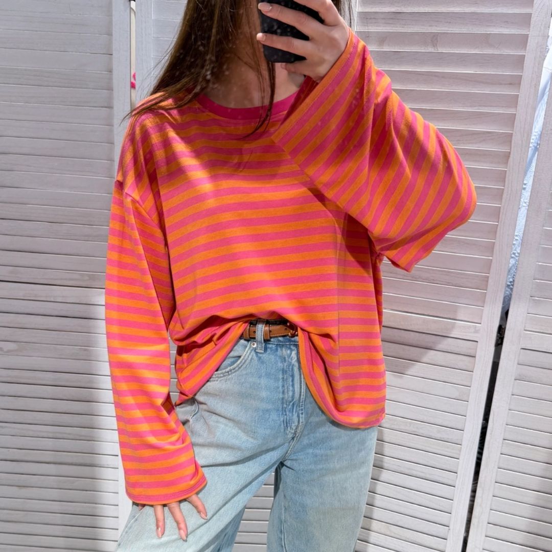 Damen T-Shirt LS gestreift fuchsia/orange