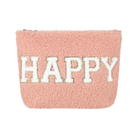 Make-up-Tasche aus Plüsch 'HAPPY' rosa