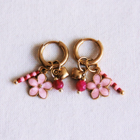 Damen Ohrringe Creolen mit rosa Blumen