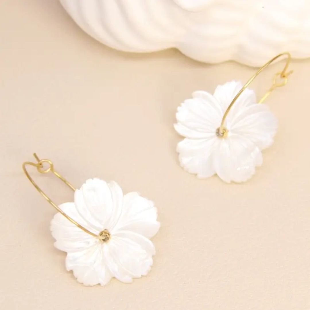 Damen Creolen 'Perlmutt Blumen' gold/weiß