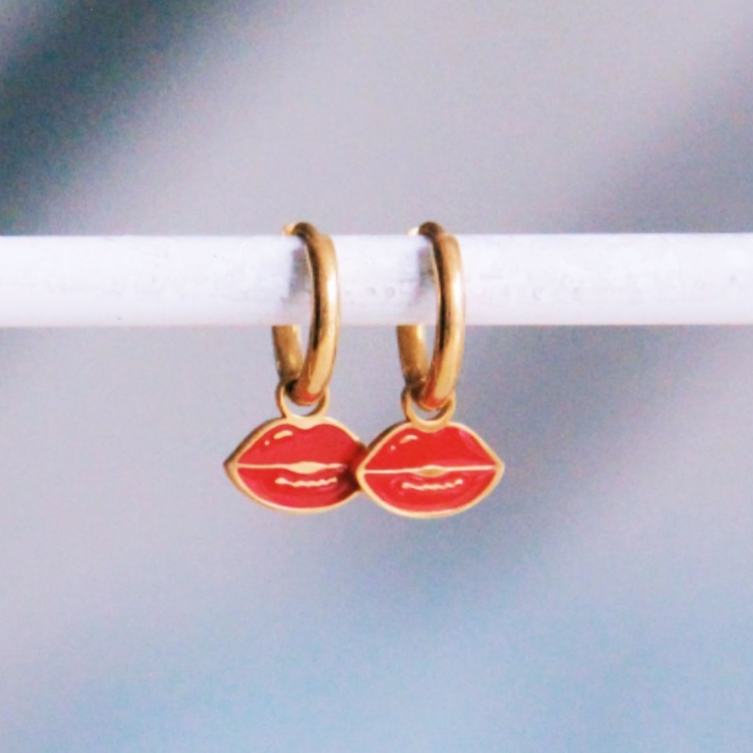 Damen Ohrringe Creolen 'Red Lips' gold