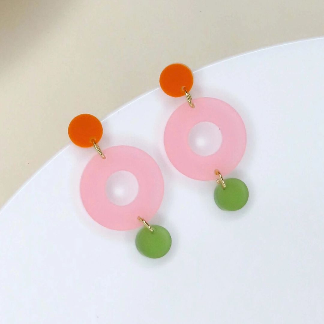 Damen Ohrringe Colorblock Double Circle orange/eisrosa/grün