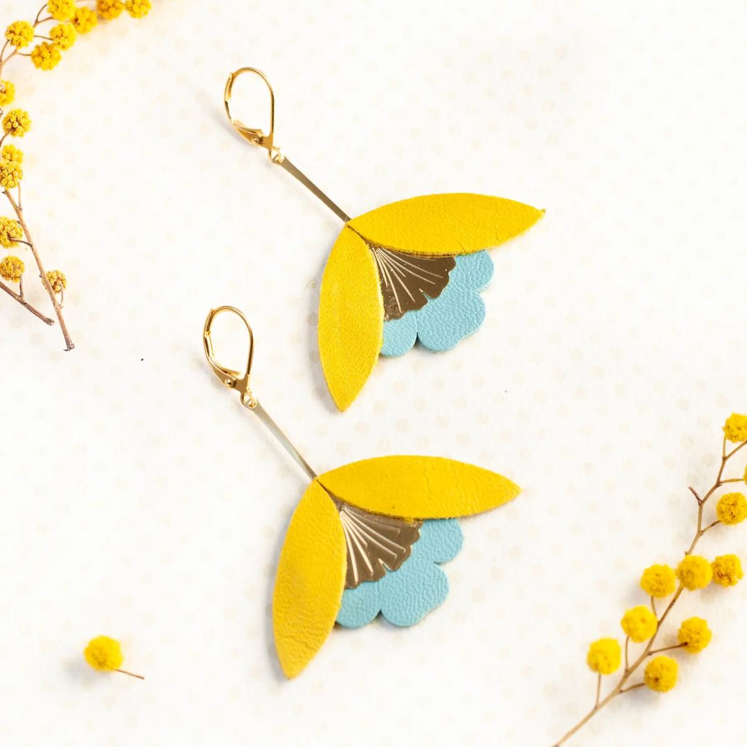 Damen Ohrringe 'Ginkgo-Blüten' gelb/blau
