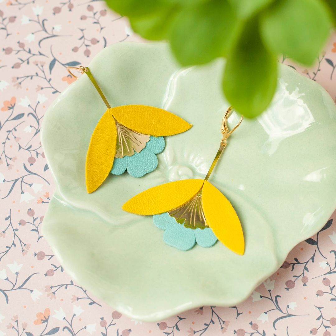 Damen Ohrringe 'Ginkgo-Blüten' gelb/blau