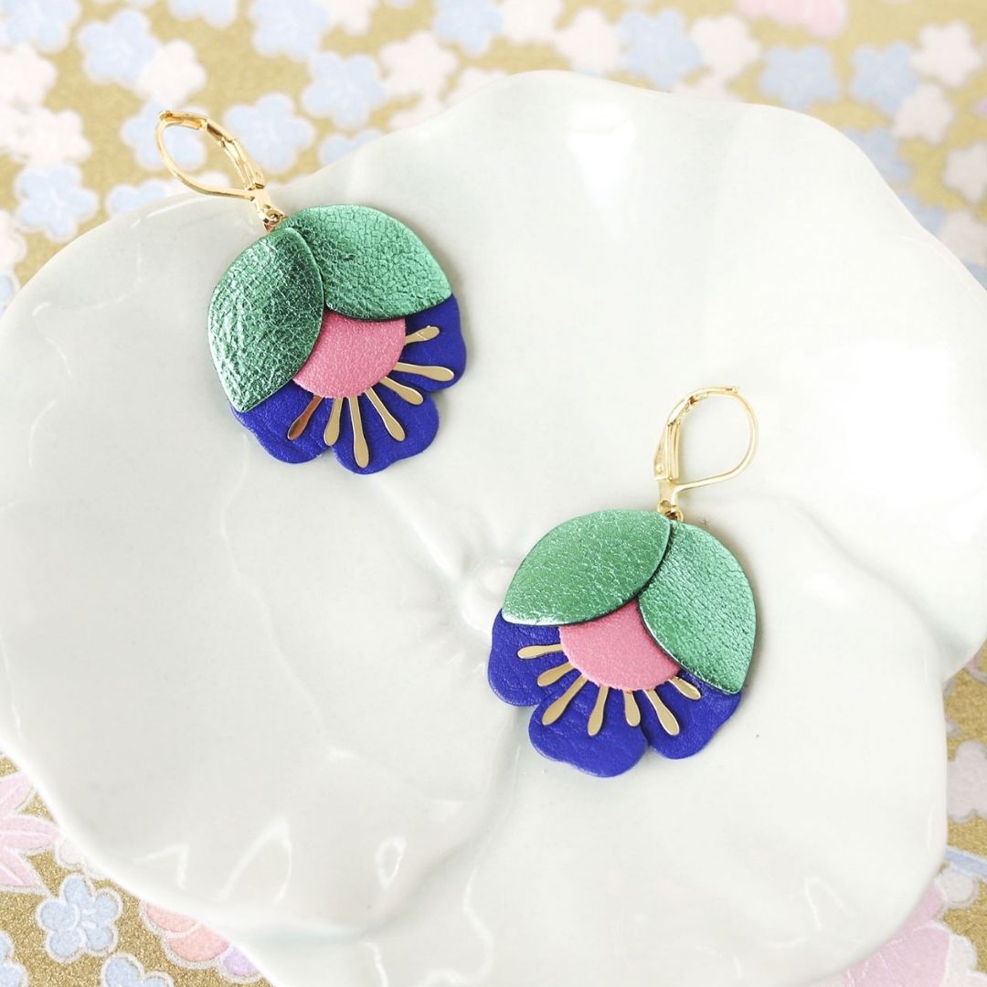 Damen Ohrringe 'Kirschblüten' metallic grün/rosa/blau