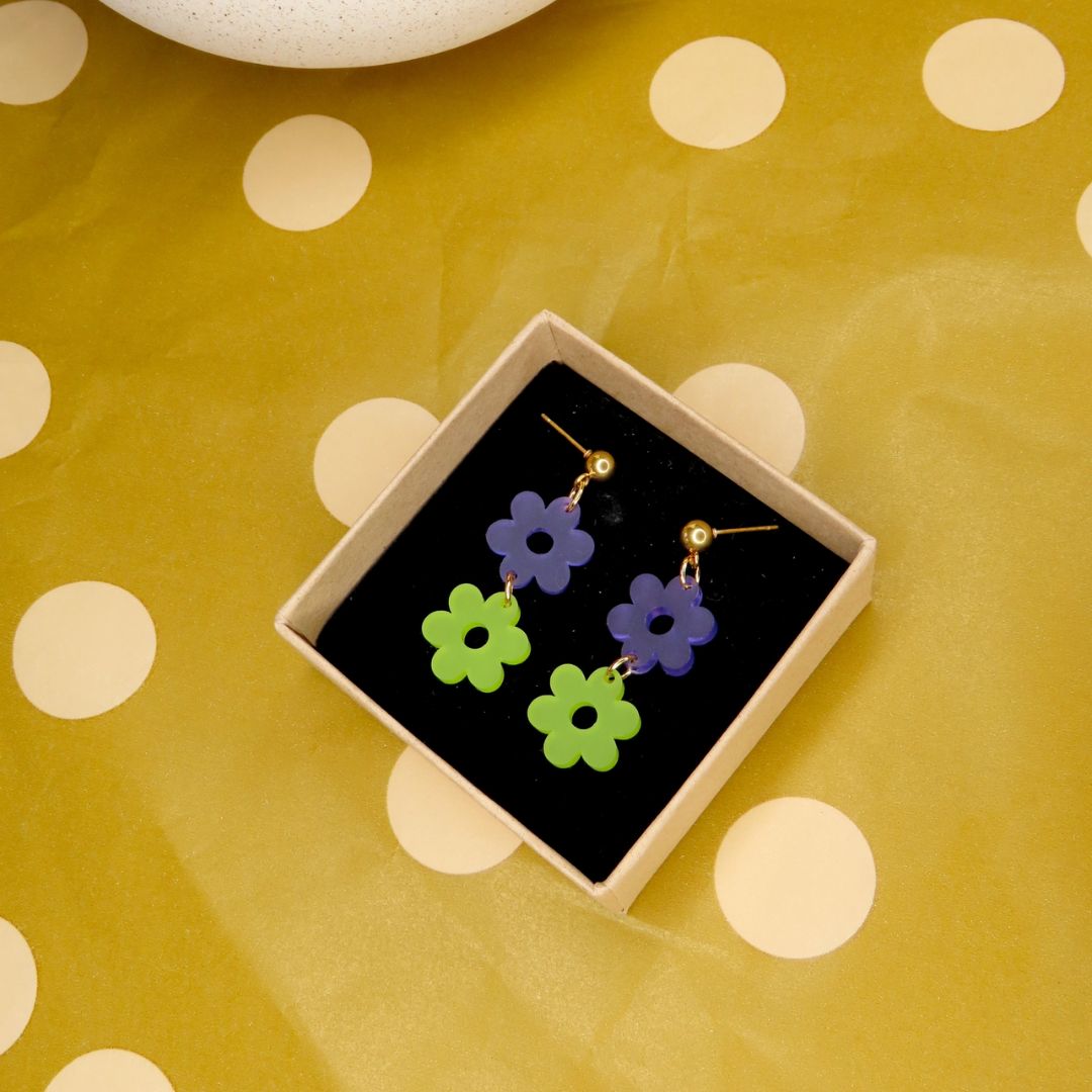 Damen Ohrringe Bunte Blumen violett/lime