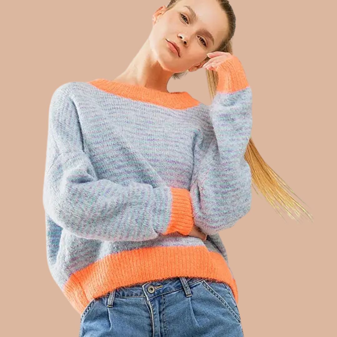 Übergroßer hellblau/oranger Strickpullover