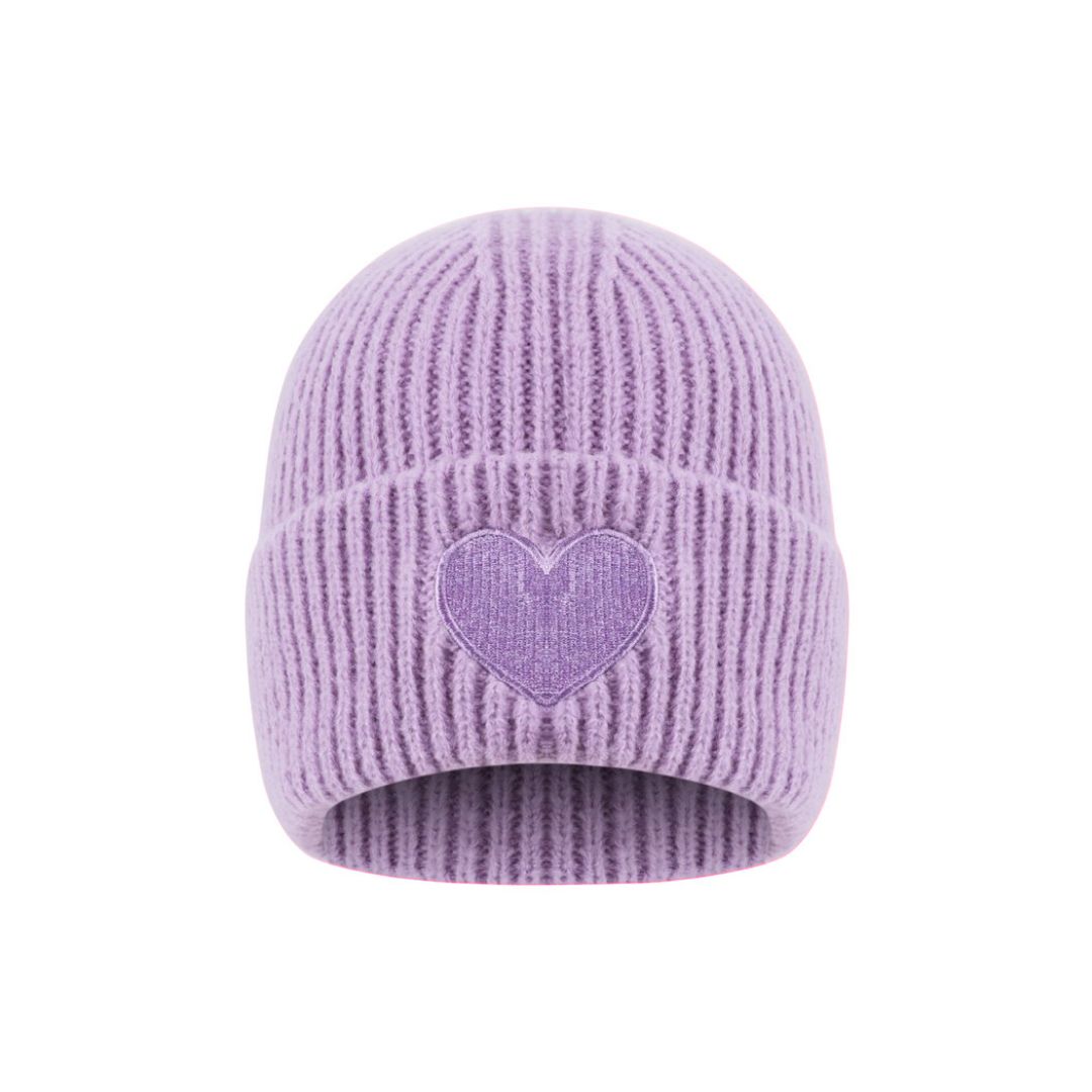 Damen Strickmütze mit Herzdetail lila