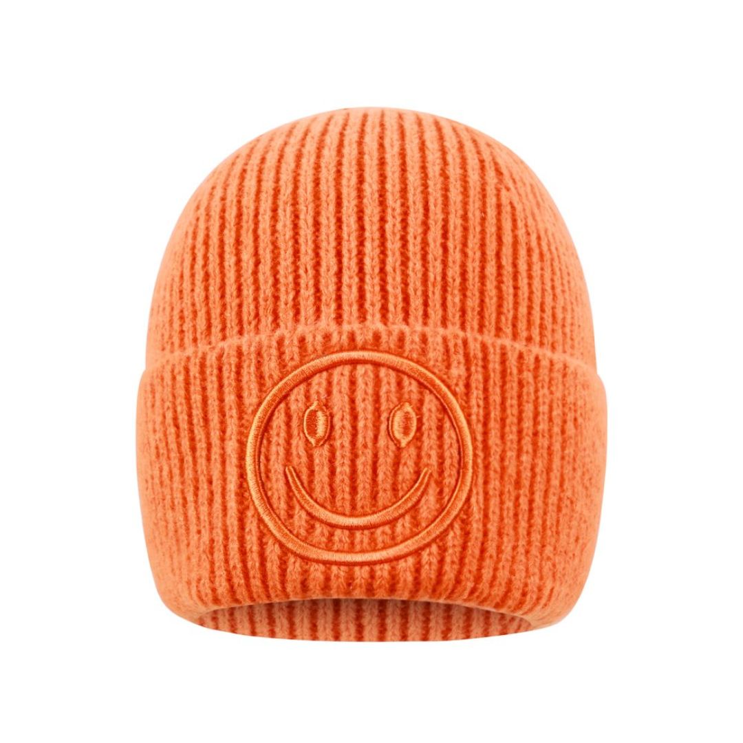 Damen Strickmütze mit Smileydetail orange