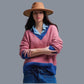 Gestreifter Damen Strickpullover fuchsia/blau