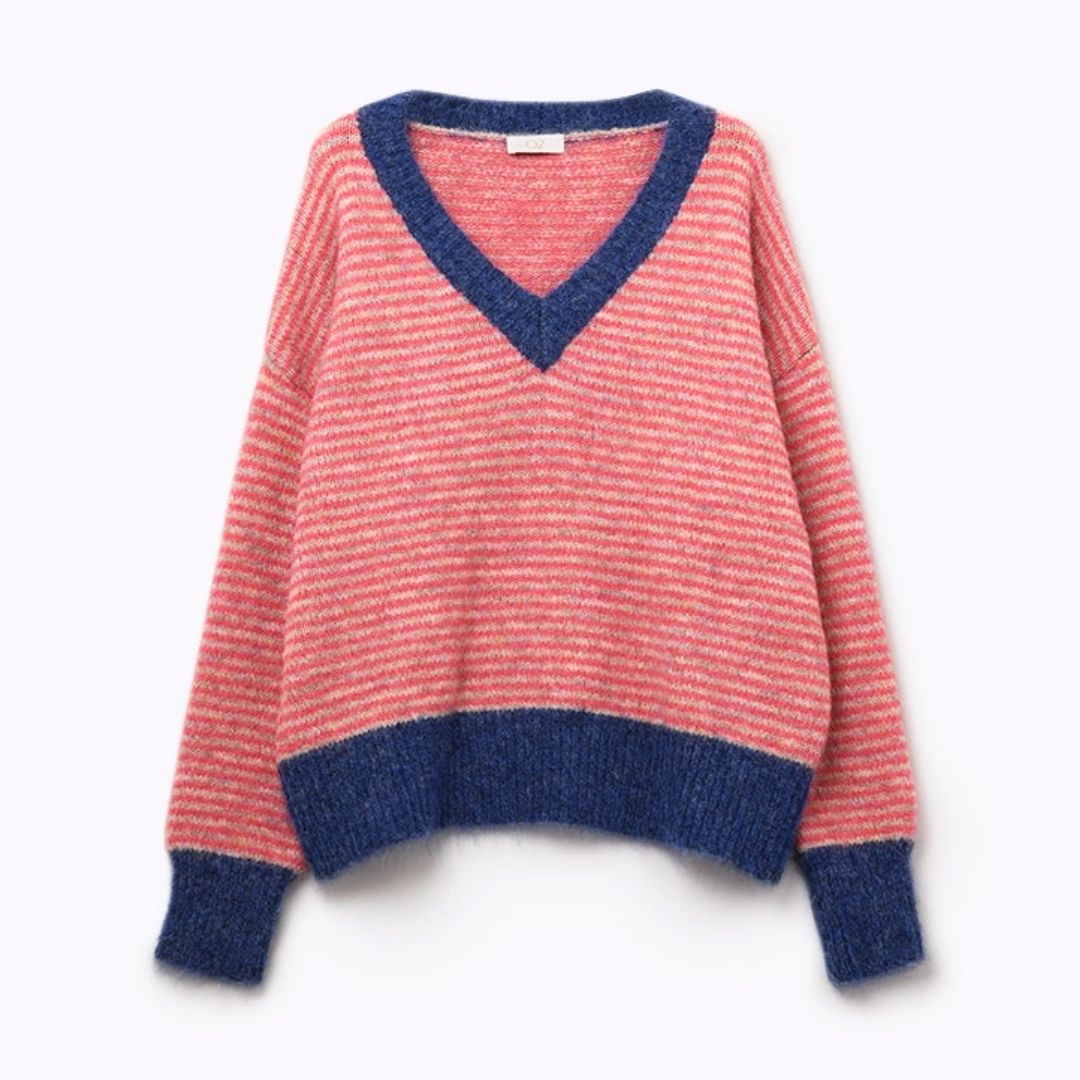 Gestreifter Damen Strickpullover fuchsia/blau