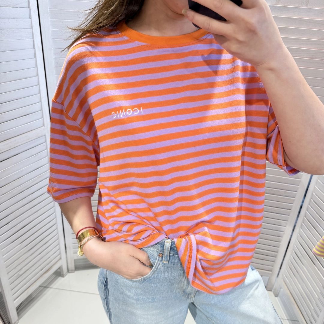 Damen T-Shirt gestreift orange/lila-orange