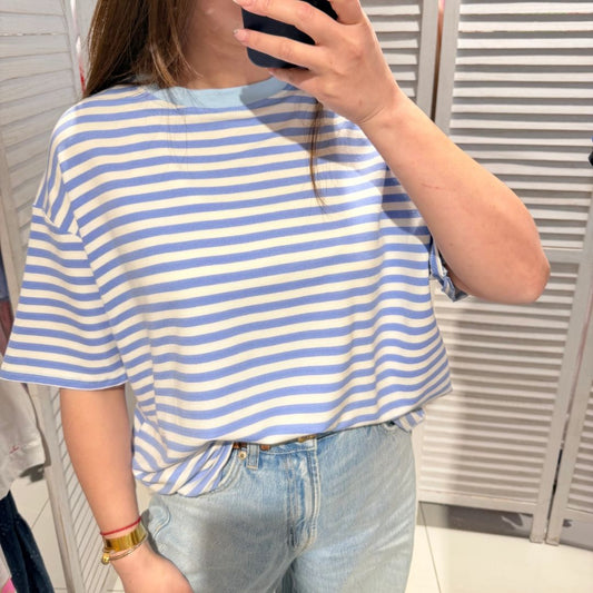 Damen T-Shirt gestreift weiß/blau-hellblau