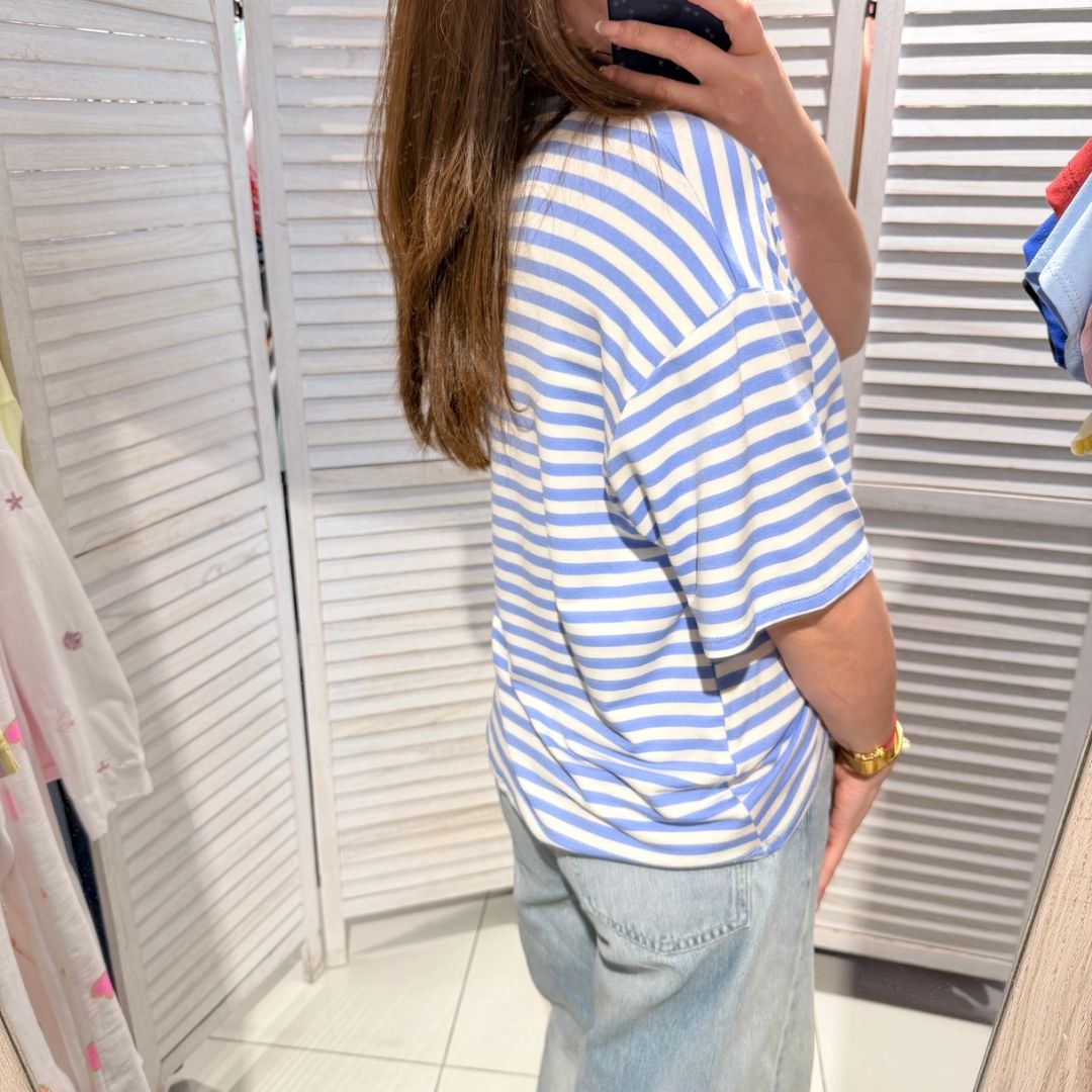 Damen T-Shirt gestreift weiß/blau-hellblau
