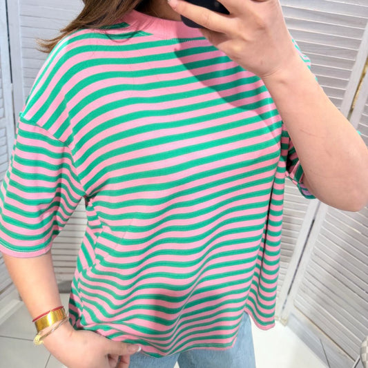 Damen T-Shirt gestreift rosa/grün-rosa