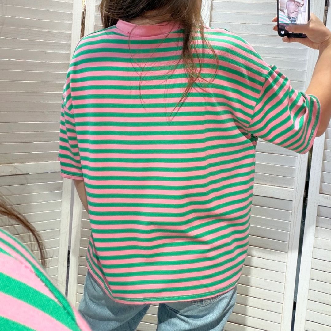 Damen T-Shirt gestreift rosa/grün-rosa