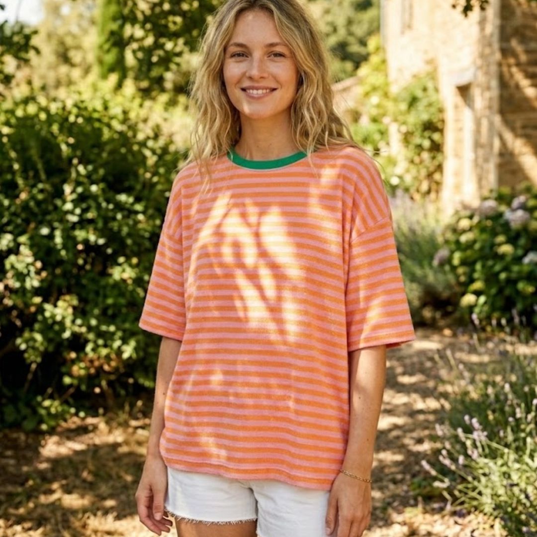 Damen T-Shirt gestreift rosa/orange-grün