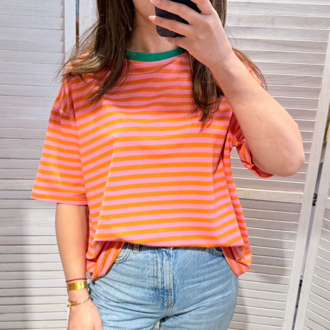 Damen T-Shirt gestreift rosa/orange-grün