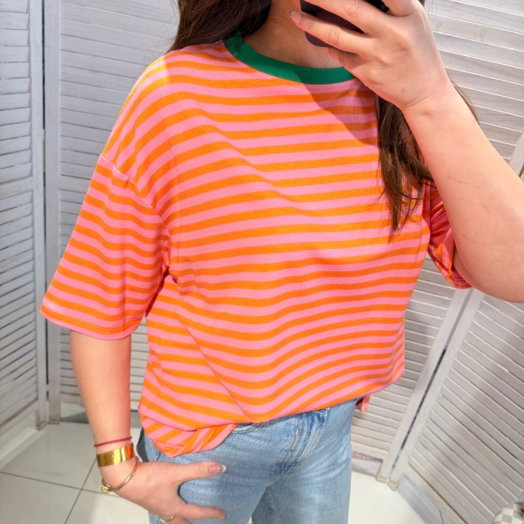 Damen T-Shirt gestreift rosa/orange-grün