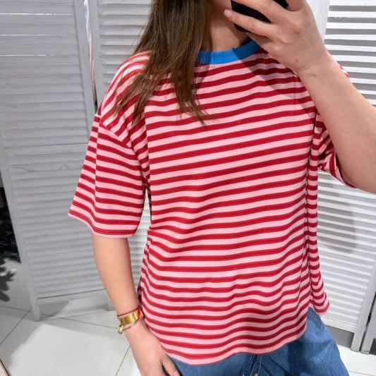 Damen T-Shirt gestreift rosa/rot-blau