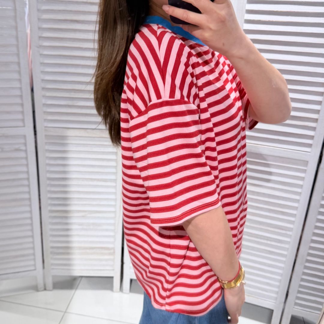 Damen T-Shirt gestreift rosa/rot-blau