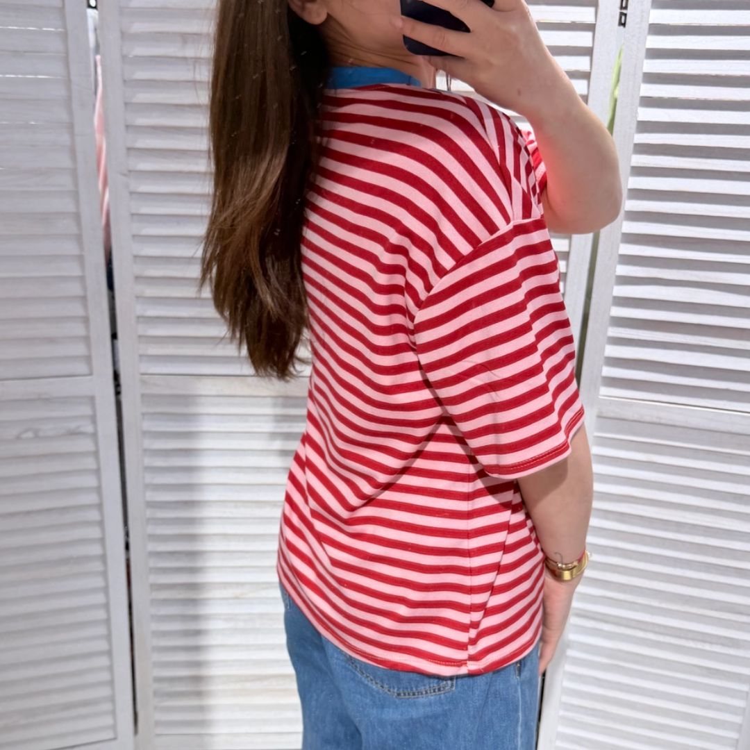 Damen T-Shirt gestreift rosa/rot-blau