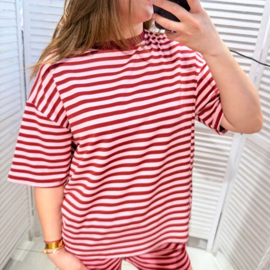 Damen T-Shirt gestreift rosa/rot-rot