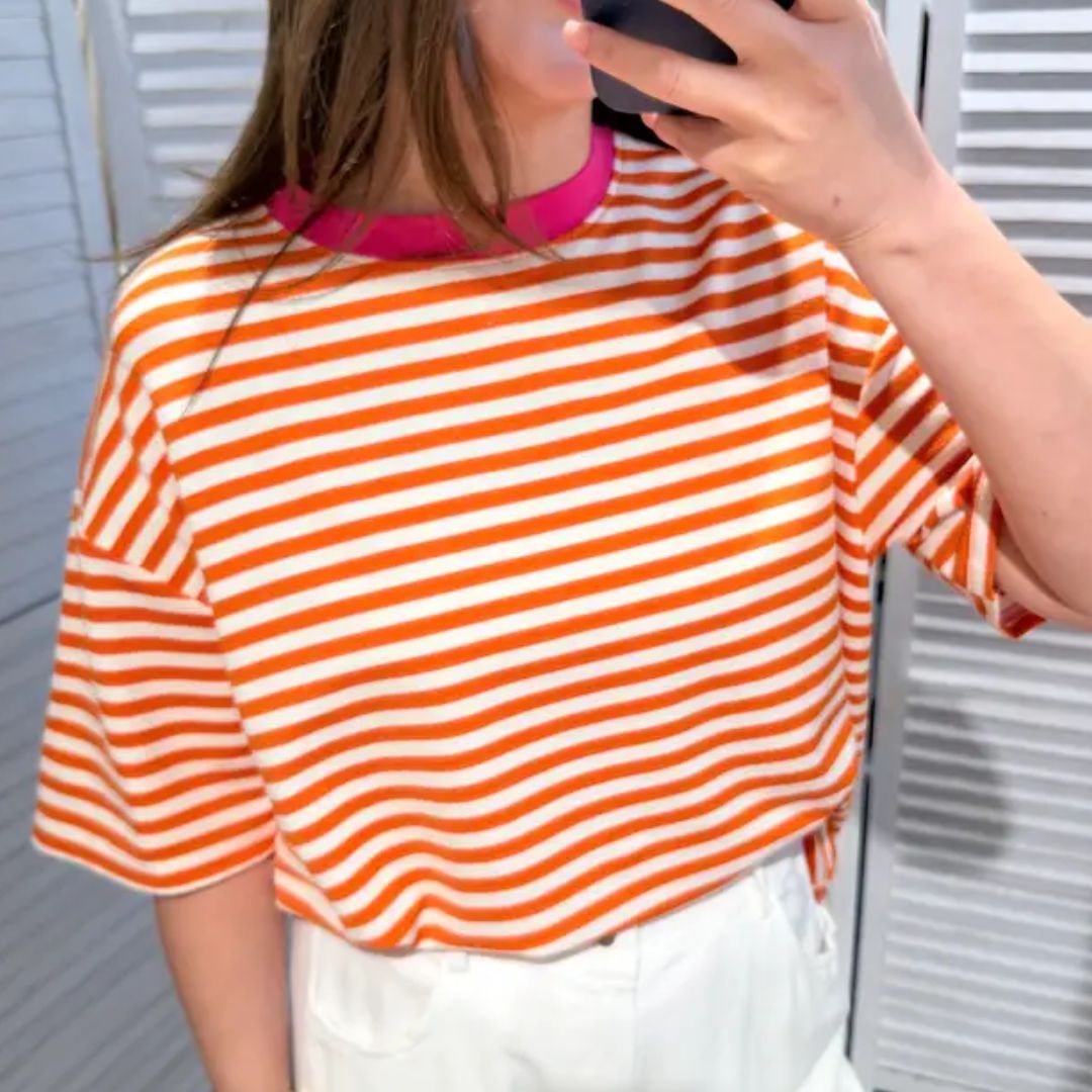 Damen T-Shirt gestreift orange/ecru/pink