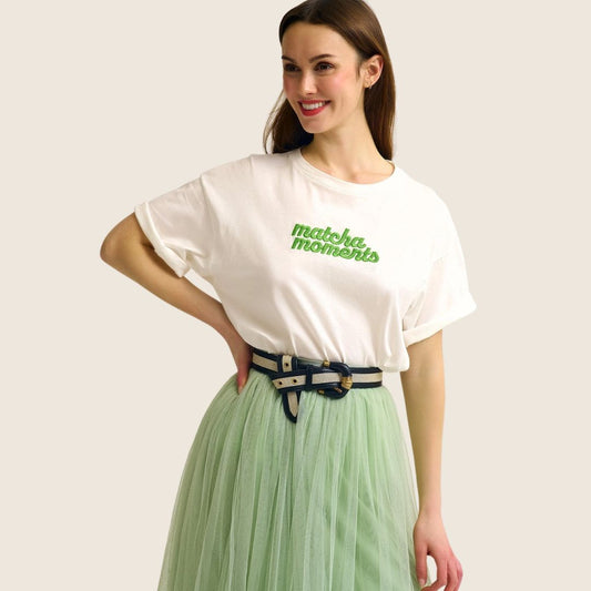 Damen T-Shirt bestickt 'Matcha-Moments' weiß/grün