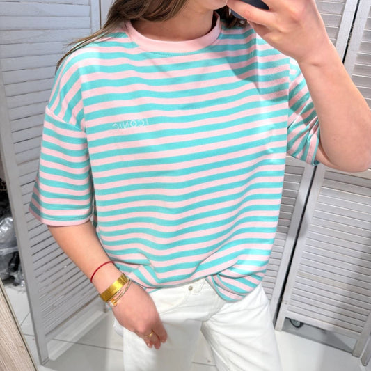 Damen T-Shirt gestreift rosa/grün