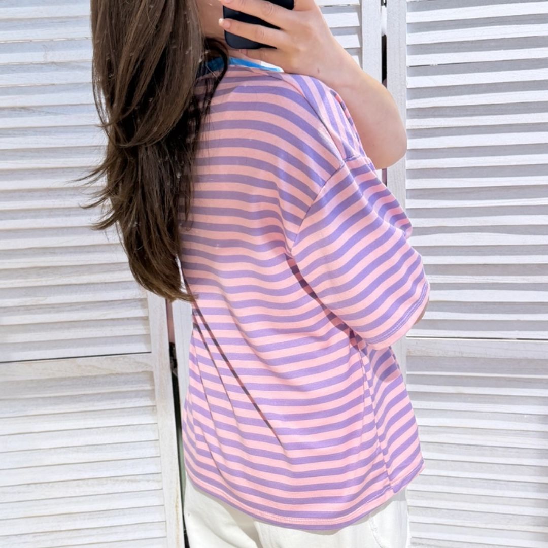 Damen T-Shirt gestreift rosa/blau