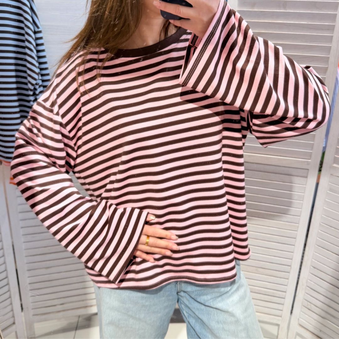 Damen T-Shirt gestreift rosa/choco
