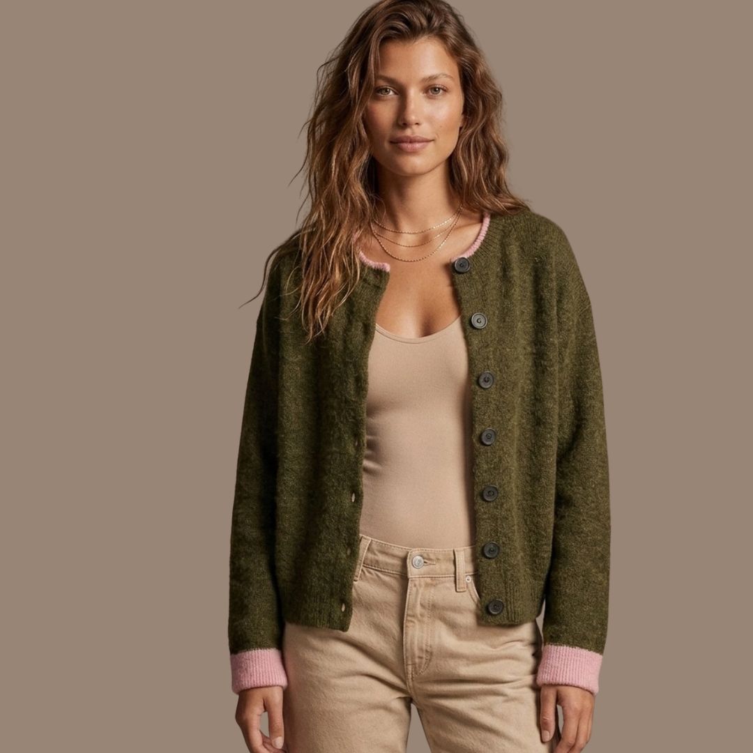 Damen Feinstrick-Cardigan olive mit pinkem Kontrast