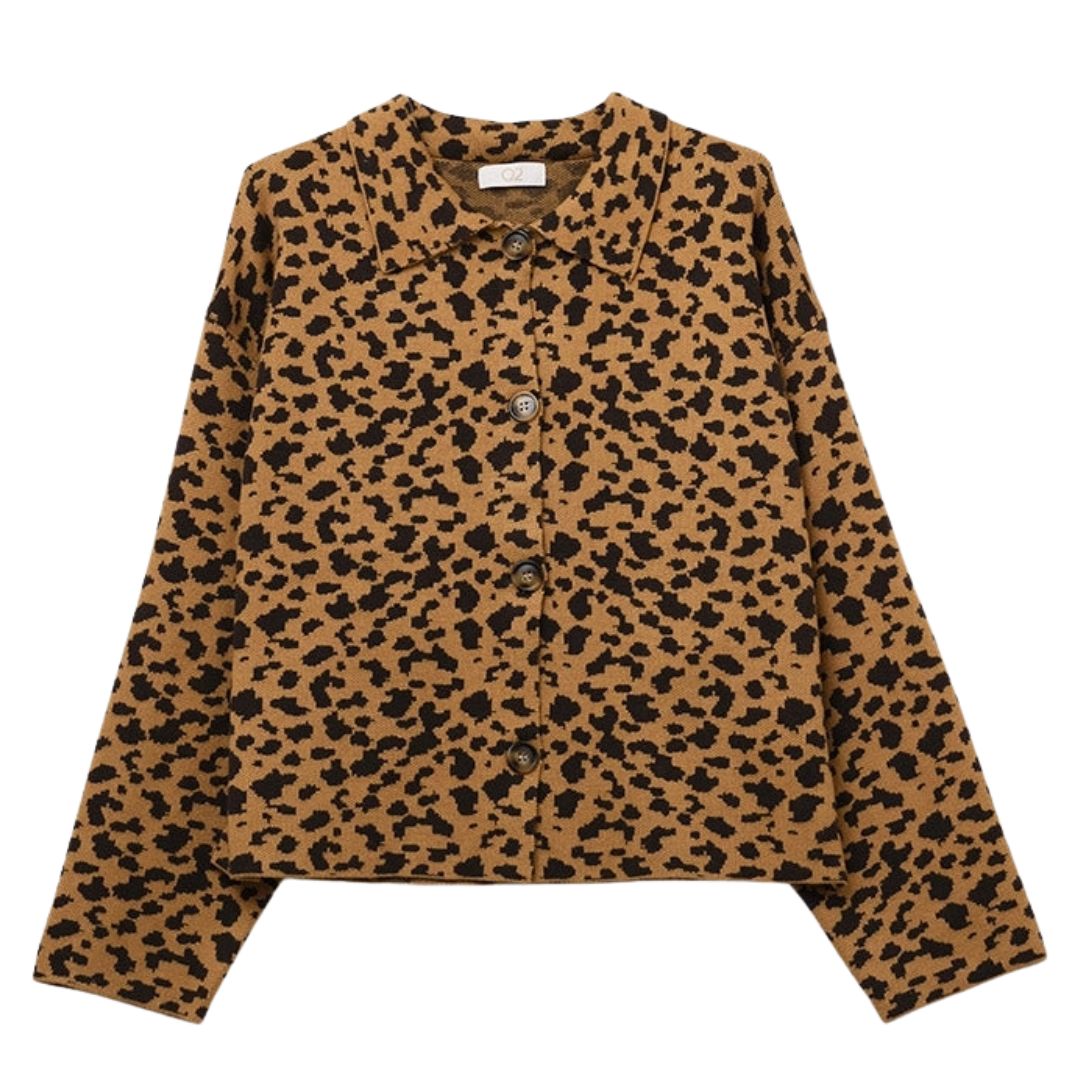 Damen Cardigan mit Gepardenmuster und Polokragen