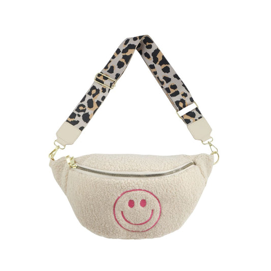 Damen Crossbody Tasche Teddy beige mit Smiley pink