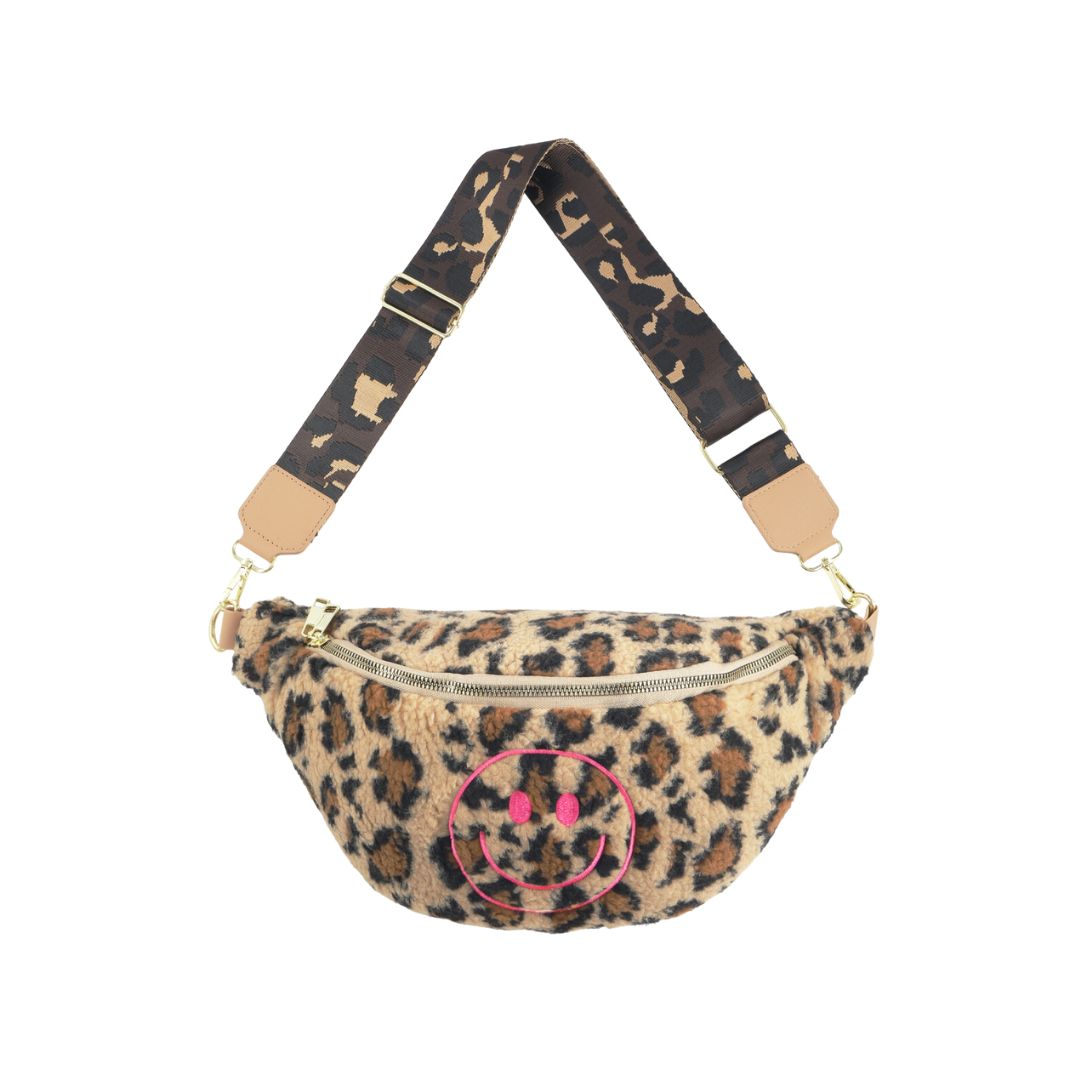 Damen Crossover Bag Leopardenmuster mit gesticktem Smiley