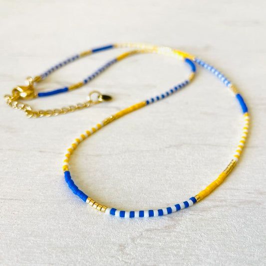 Damen Halskette aus Miyuki Perlen blau/gelb