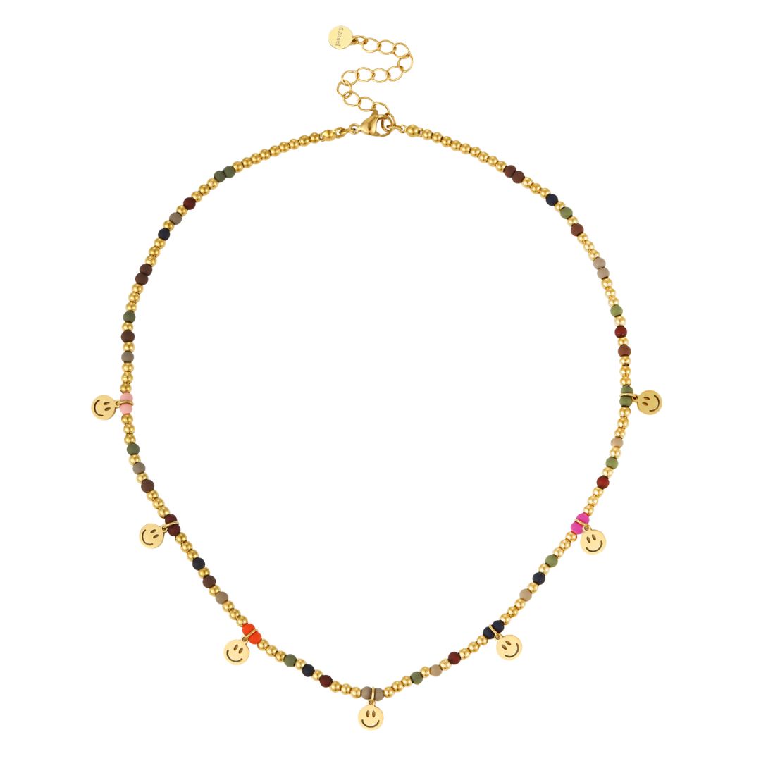 Damen Halskette Glasperlen und Smiley-Anhänger gold/multicolor