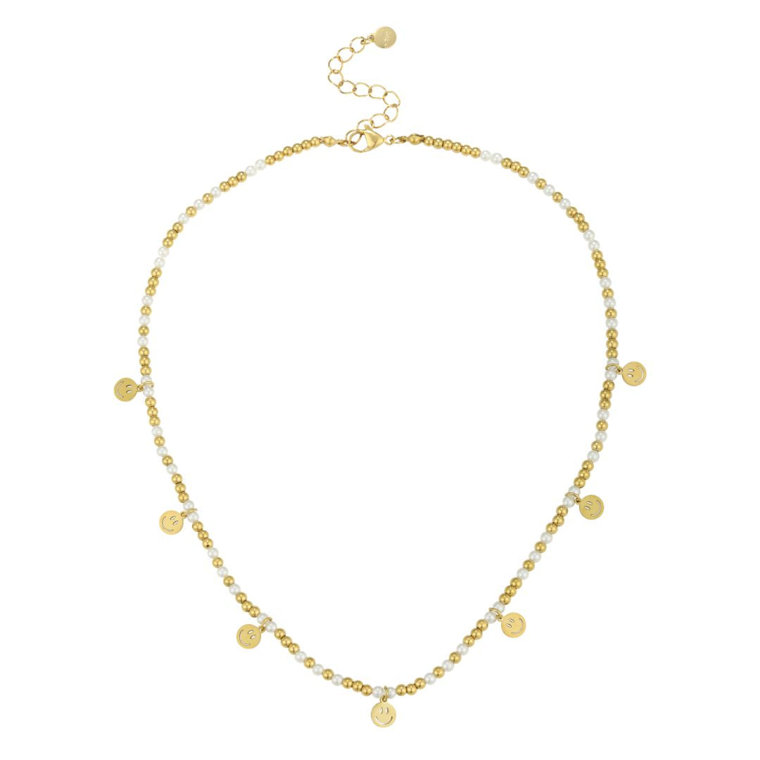 Damen Halskette Glasperlen und Smiley-Anhänger gold/weiß