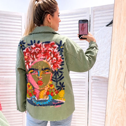Damen Jacke handbedruckt 'Frida' khaki
