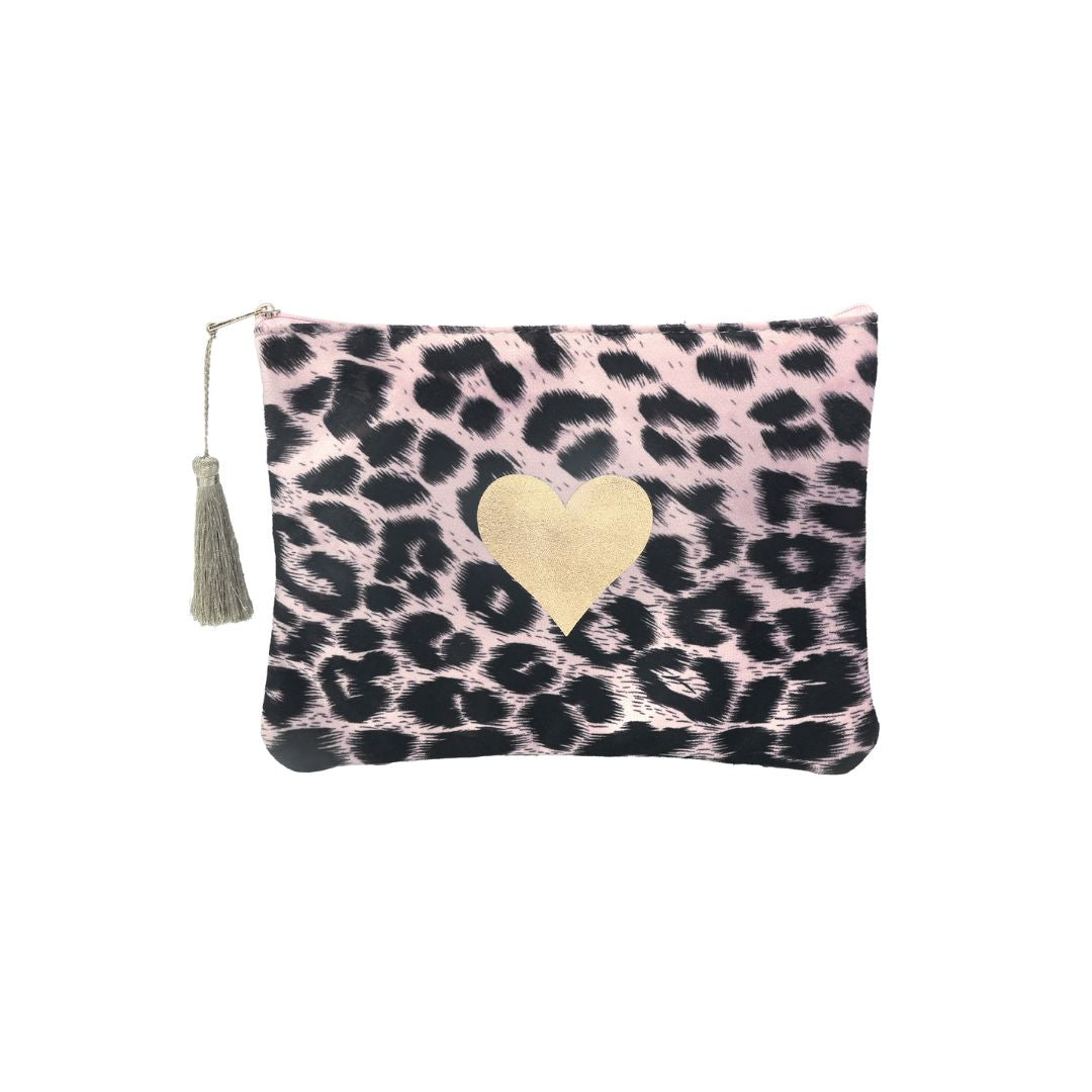 Damen Kosmetiktasche mit Herz Applikation leopard