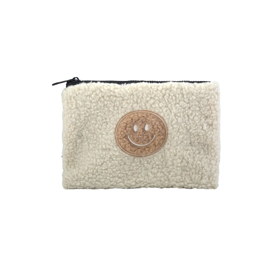 Damen Kosmetiktasche mit Teddyfell und Smiley beige