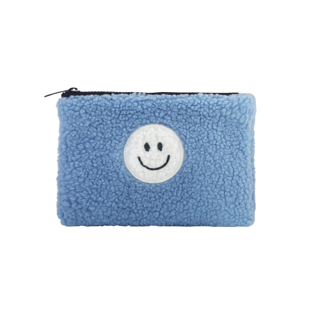 Damen Kosmetiktasche mit Teddyfell und Smiley blau