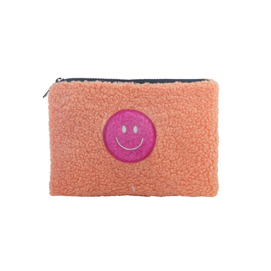 Damen Kosmetiktasche mit Teddyfell und Smiley orange