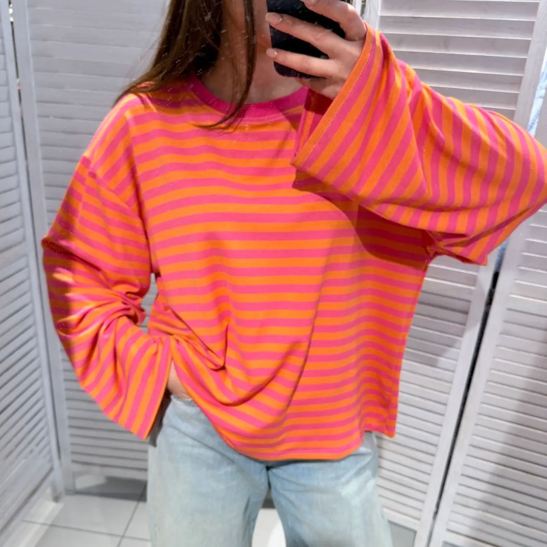 Damen T-Shirt LS gestreift fuchsia/orange