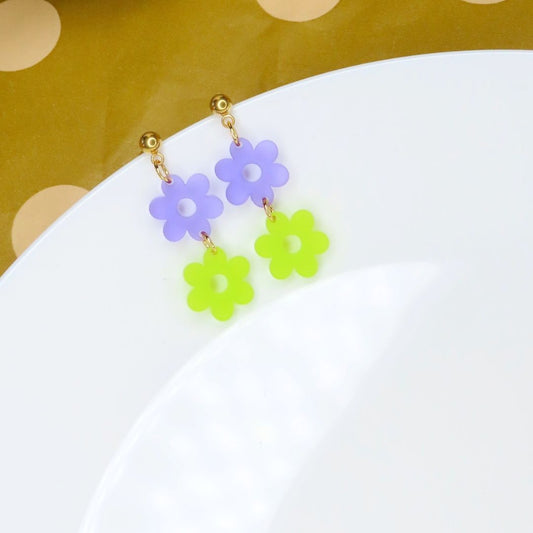 Damen Ohrringe Bunte Blumen violett/lime