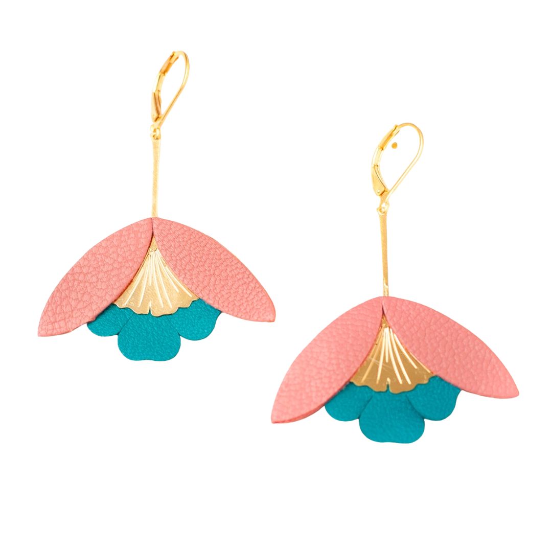 Damen Ohrringe 'Ginkgo-Blüten' tealblau/rosa