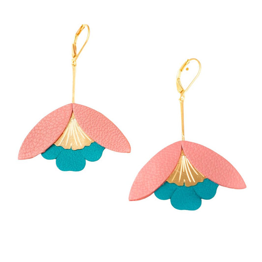 Damen Ohrringe 'Ginkgo-Blüten' tealblau/rosa