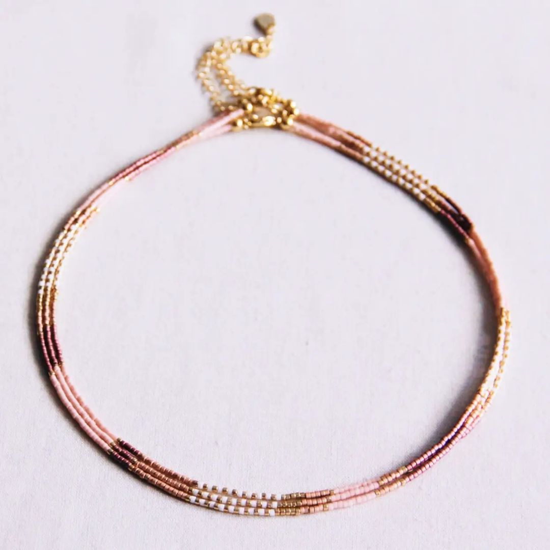 Damen Perlenkette 3fach rosa/weiß/taupe