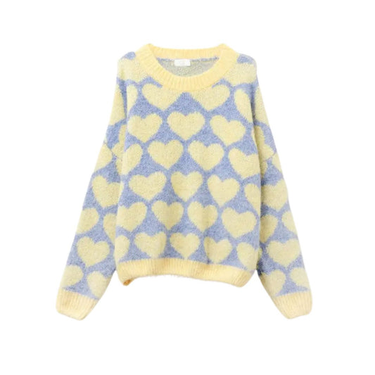 Damen Pullover 'Heartful' pastell blau/gelb